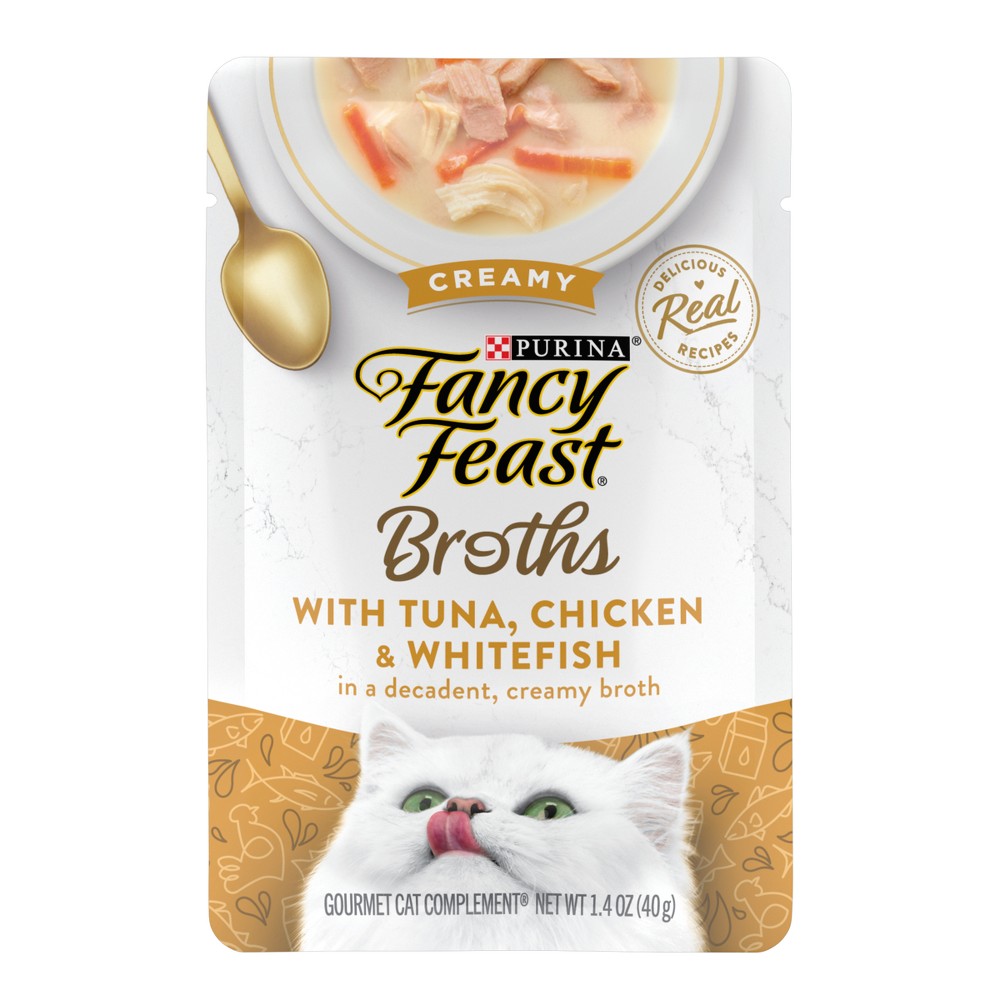 Purina Fancy Feast Broths Lickable Creamy Gourmet Wet Cat Food Complement with Tuna, Chicken & White Fish In Creamy Broth - 1.4oz