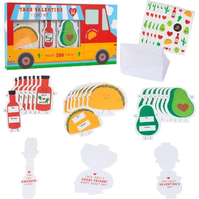 SCS Direct 24 Pack Taco Truck Valentines Day Cards with Stickers & Envelopes for Kids - School Classroom Exchange Parties for Boys & Girls 4+