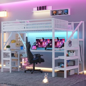 Whisen Metal Full Loft Bed with Wardrobe, LED Light, L Shaped Desk and ...