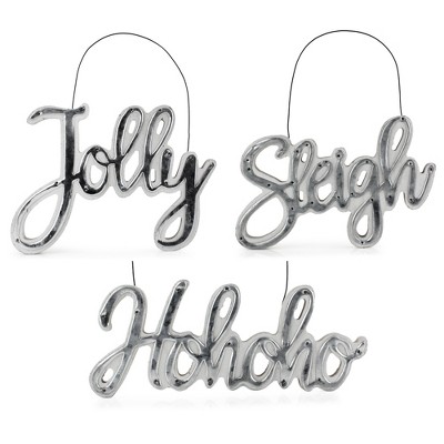 AuldHome Design Large Farmhouse Christmas Word Art Ornaments in Galvanized Rustic Tin Script; Jolly, Sleigh, Ho Ho Ho