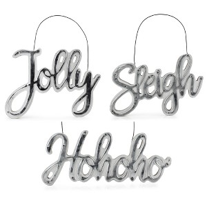 AuldHome Design Large Farmhouse Christmas Word Art Ornaments in Galvanized Rustic Tin Script; Jolly, Sleigh, Ho Ho Ho - 1 of 4