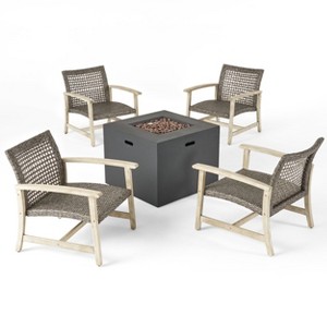 Christopher Knight Home Augusta Outdoor Acacia Wood and Wicker 5 Piece Club Chair and Fire Pit Set - 1 of 4