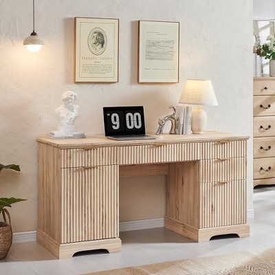TAJSOON 58" Modern Executive Desk with Storage, Natural Oak