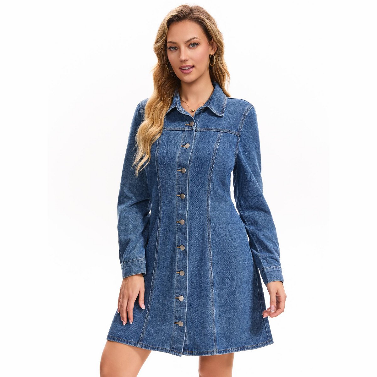 Женские платья INSPIRE CHIC Women's Denim Fall Long Sleeve Button Front Mini Jean Shirt Dresses Small Blue — фото 2