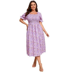 Clearlove Women's Plus Size Square Neck Puff Short Sleeve Self Tie Front A Line Dress - 1 of 4
