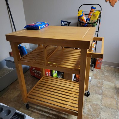 Kitchen Island on Lockable Wheels with 2 Storage Drawers & Bamboo Countertop, Kitchen Trolley Cart with Adjustable Shelves and Towel Bar, L42.5Xw18xh3