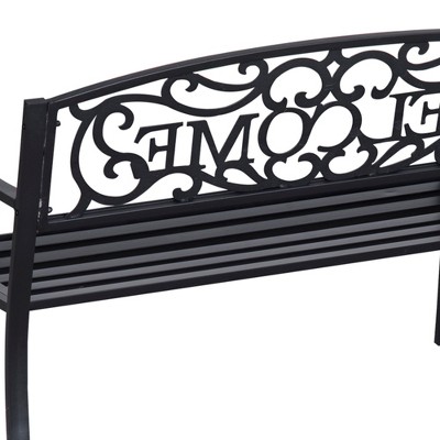 Black 50" Outdoor Metal Welcome Bench with Vine Motifs