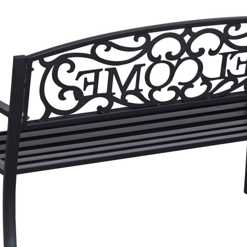 Outsunny 50" Outdoor Metal Welcome Bench, Powder Coated Cast Iron Sign & Steel Frame, 2 Person Bench with Antique Vine Motifs & Slatted Seat, Black, 5 of 8
