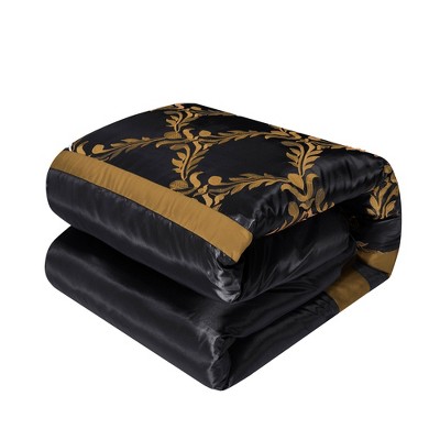 HIG 7 Piece Bed in A Bag Comforter Set Queen Black and Gold Faux Silk Fabric Embroidered Bedding Set — фото 7