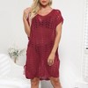 Coolmee Women's Solid Crochet Cover Up Hollow Out Swimsuit Cover Up Sheer Loose Fit Sleeveless V Neck Beachwear with Side Drawstring One Size Red - 3 of 4