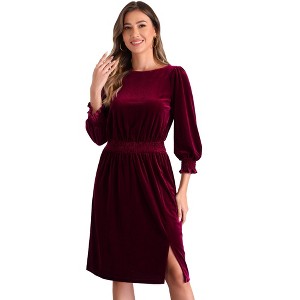 Allegra K Women's Velvet Boat Neck Puff Sleeve Smocked Midi Dress - 1 of 4