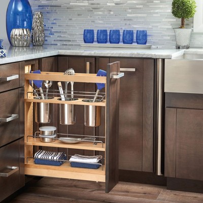 Rev-A-Shelf 5" Natural Wood Pull-Out Cabinet Organizer with Stainless Steel Bins