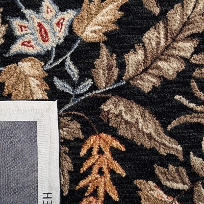 Black Floral Hand-Hooked Wool Area Rug with Ivory Border