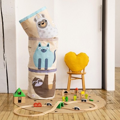 Large Beige and Brown Canvas Kids Toy Storage Basket with Sloth Design