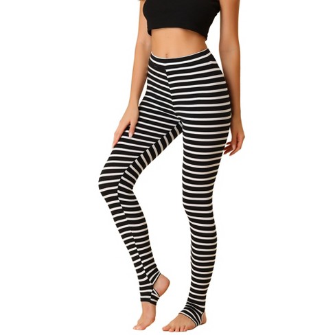 Allegra K Women's Printed High Waist Elastic Waistband Yoga Stirrup Pants  White Black-Color Stripe Large