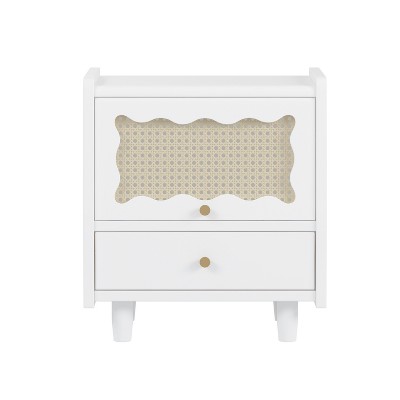 TiramisuBest Wooden Nightstand with Rattan-Woven Storage Cabinet and 1 Drawer, Exquisite Elegance with Natural Storage Solutions with White