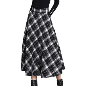 Women's Wool Plaid A-Line Skirt - Winter Warm Elastic Waist Pleated Long Skirt Black2 - 1 of 4