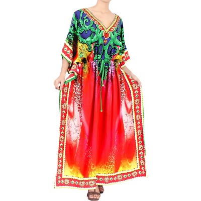 LA LEELA Women's House Daily Routine Evening Wear Loungewear Cover Up Slit Dress Long Home Wear Maxi Dresses Caftans for Women 2X-3X Multi,Abstract