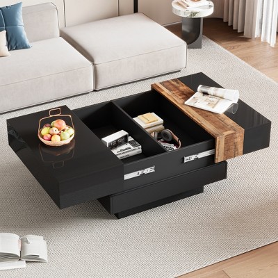 TIRAMISUBEST Square Coffee Table with Sliding Tabletop, High Gloss Center Table with Hidden Storage Compartment, Extendable Cocktail Table