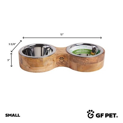 Small Mango Wood Elevated Double Pet Feeder with Stainless Steel Bowls