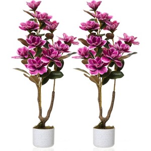 1/2 Pc Artificial Magnolia & Orchid Trees in Pot, PEVA Polyester Faux Plants with White Planter, 24/31/37" for Home Office Decor - 1 of 4