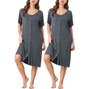 cheibear Women's Short Sleeve Button Down Midi Pajama Dress 2 Packs - 1 of 4