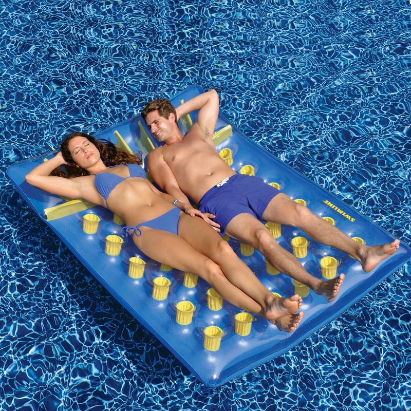Swim Central 78" Inflatable Blue and Yellow Water Sports 36 Pocket Double Pool Mattress, 1 of 4
