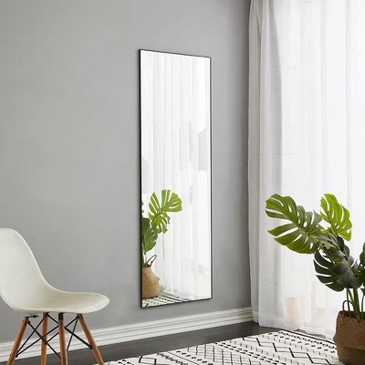 59x16 Inch Modern Standing Mirror, Black Metal Frame with Swivel Casters, Easy Relocation