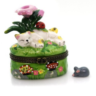 Hinged Trinket Box 3.0" Cat And Flower Ladybug Mouse  -  Decorative Figurines