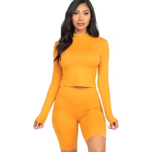 Slickblue Women's 2-Piece Mock Neck Top & Biker Shorts Set Stretchy Polyester Spandex Active Lounge Color & Size Options - 1 of 4