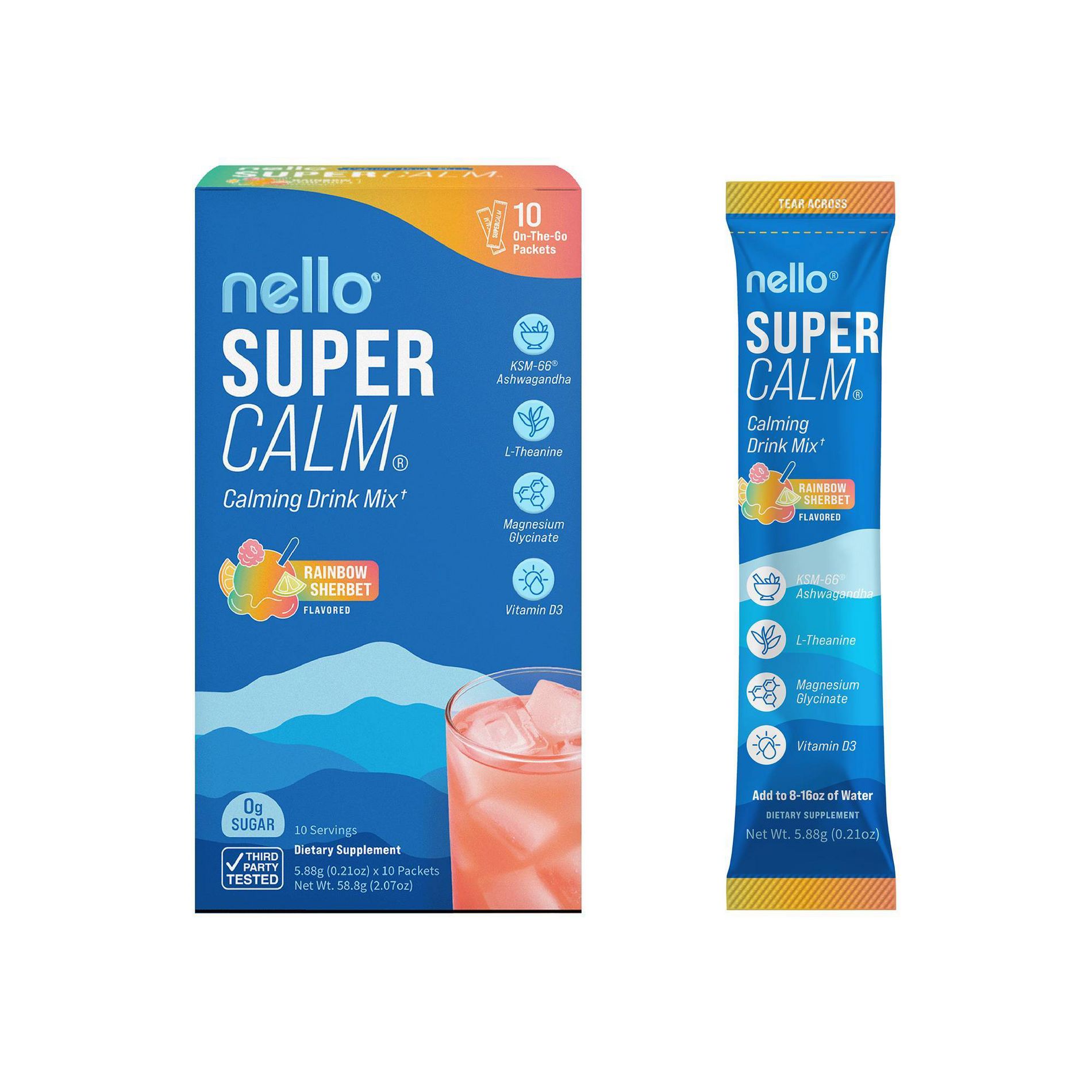Nello Supercalm Drink Mix Supplement Powder - Rainbow Sherbet - 10ct