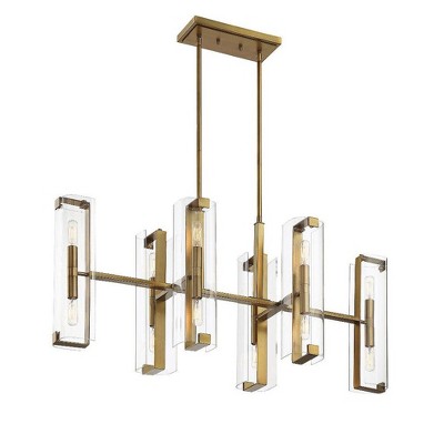 Warm Brass 12-Light Linear Chandelier with Clear Glass Shades