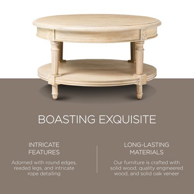 Antiqued White Round Wooden Coffee Table with Shelf Storage