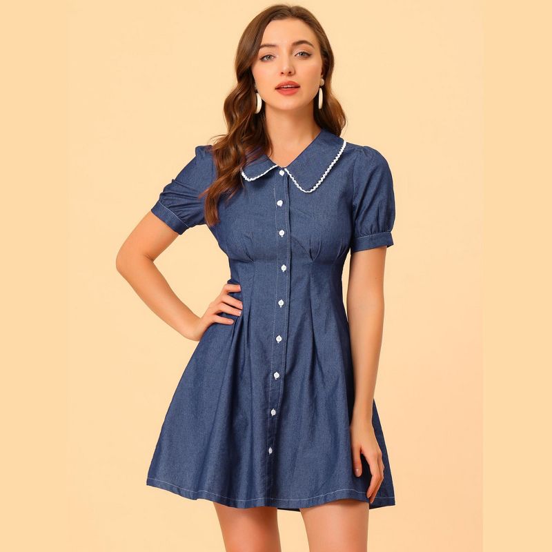 Allegra K Women's Chambray Puff Button Front Flare A-line Mini Shirt Dresses, 2 of 7