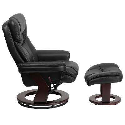 Sustainably Sourced Black Leather Swivel Recliner with Mahogany Wood Base