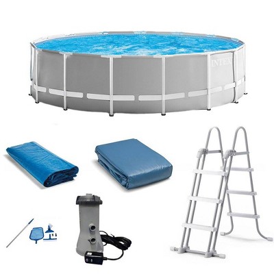 Intex Prism Frame 15' x 48" Above Ground Swimming Pool Set with Filter Pump, Ladder, Pool Cover, and Maintenance Pool Cleaning Kit with Vacuum Skimmer