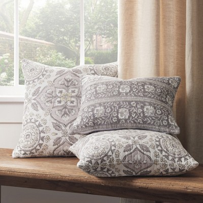 Grey Quilted Floral Stripe Block Pillow 14x18