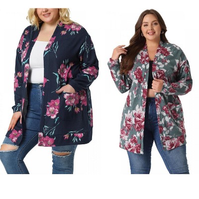 Agnes Orinda Women's Plus Size Lightweight Casual Long Sleeve Floral Soft Knit Cardigans