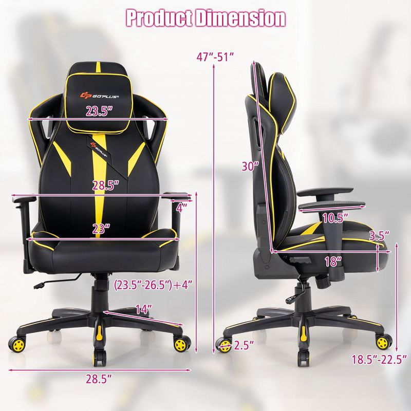 Costway Gaming Chair 360° Swivel Computer Reclining Height Adjustable 2D Armrest Yellow, 4 of 11