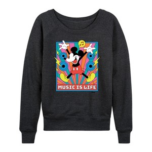 Women's - Disney - Mickey Music Is Life Lightweight French Terry Wide Neck Long Sleeve Shirt - 1 of 4