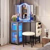 Fredees Vanity Desk: Lighted Mirror, LED Lights, Charging Station, Bedroom Corner Vanity with Stool - 3 of 4