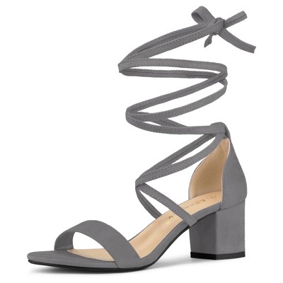 Allegra K Women's Solid Open Toe Lace Up Padded Insole Mid Chunky Heeled Sandals