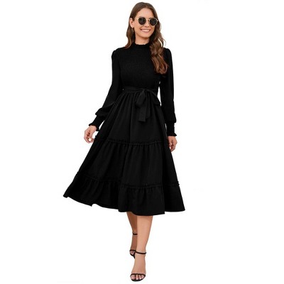 Women's Ruffle Mock Neck Long Sleeve Smocked Midi Dress Casual Floral Print Elastic Waist Tiered Long Dress Black S