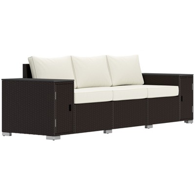 Outsunny Wicker Outdoor Couch with Storage, Thickened Cushions, 3 Seater Patio Sofa with Wide Armrests and Seat for Porch, Garden, Yard