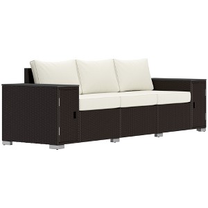 Outsunny Wicker Outdoor Couch with Storage, Thickened Cushions, 3 Seater Patio Sofa with Wide Armrests and Seat for Porch, Garden, Yard - 1 of 4