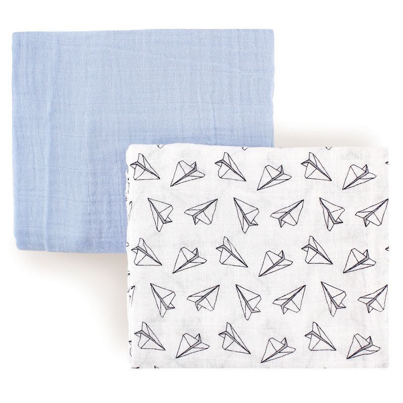 Hudson Baby Infant Boy Cotton Muslin Swaddle Blankets, Blue Paper Airplane, One Size, 1 of 3