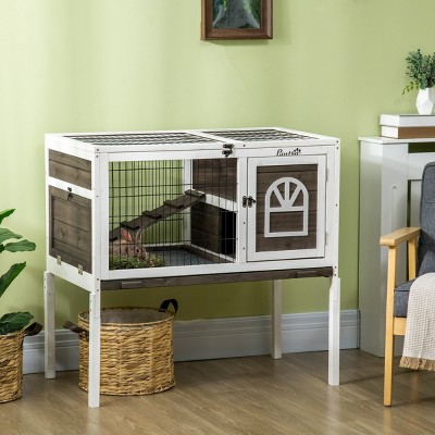 LAOTIES Wooden Rabbit Hutch,Indoor Elevated Bunny Cage with Run, Ladder,Lockable Doors And Removable Tray,Guinea Pig House
