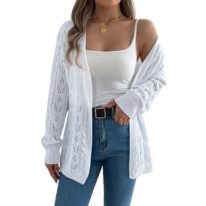 Coolmee Women Knit Lightweight Crochet Cardigan Long Sleeve Open Front Oversized Sweaters Cardigan S White - 1 of 4