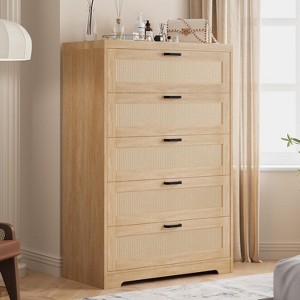 5 Drawer Rattan Dresser for Bedroom, 47.27” Tall Dresser with Power Outlets, Wood Dresser Chest of Drawers with Metal Handles - 1 of 4