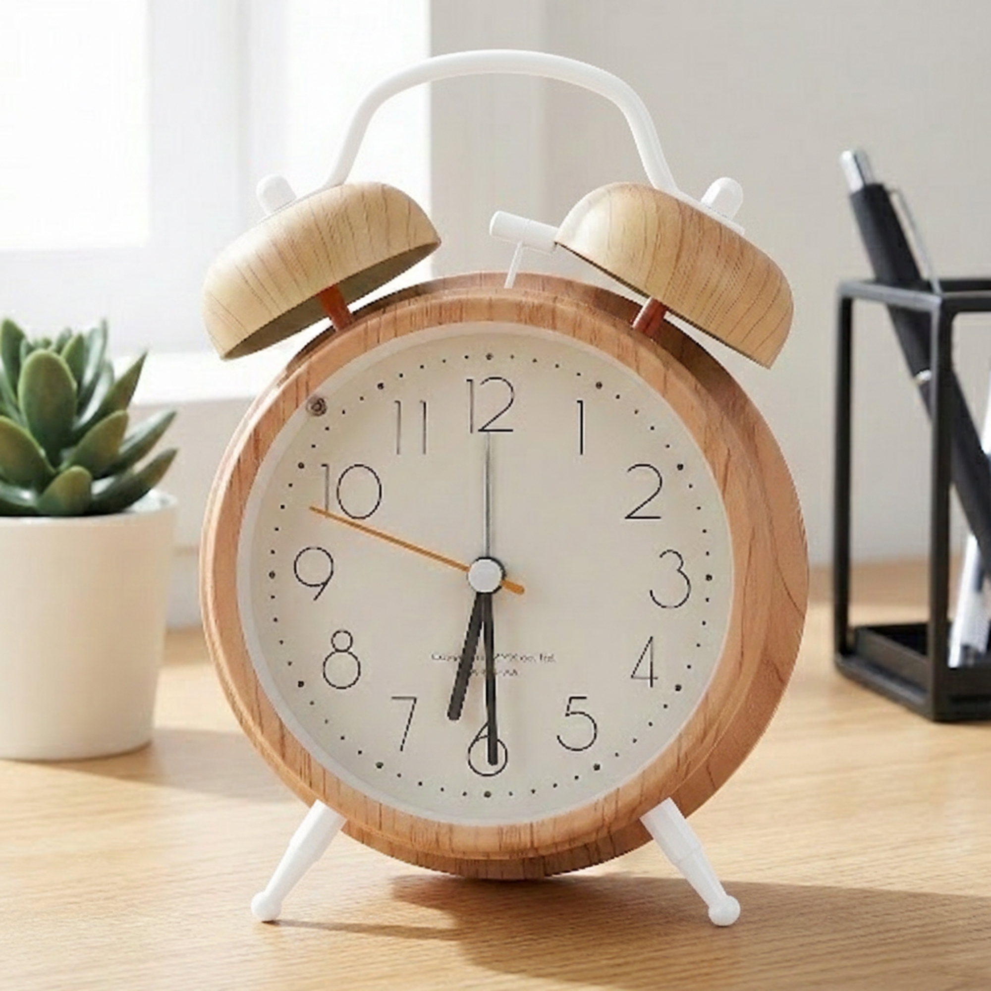 REGALWOVEN Metal Minimalist Wood-Grain Patterns Loud Alarm Clock 4.6"L x 2.2"W x 6.6"H 1 Pc White